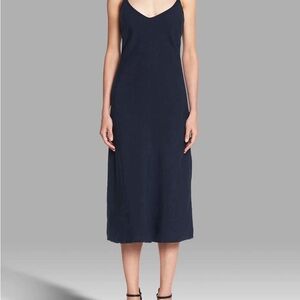 MOTHER Denim Slip Up Dress Navy Blue Linen Lyocell Midi S Small Raw Hem